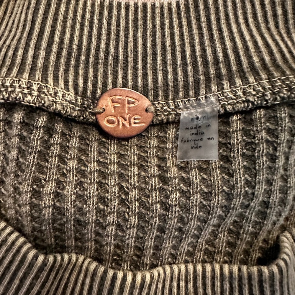 Free People FP One Olive Green Waffle Knit Thermal Fringe Lace Up Top Large - Picture 3 of 8